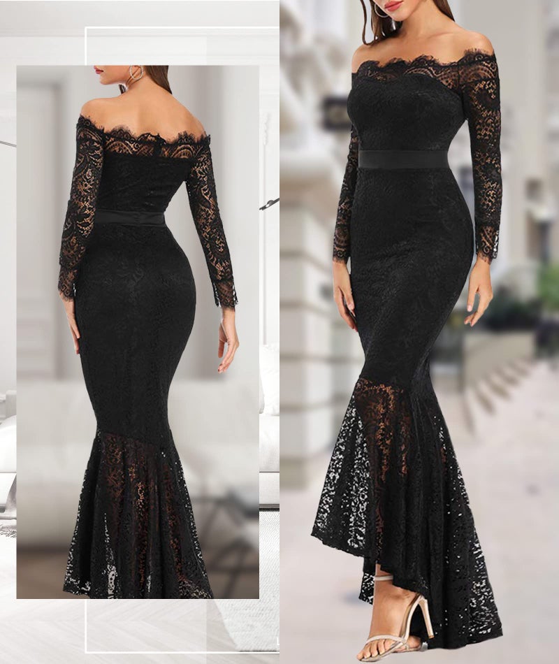 LALAGEN Women's Floral Lace Long Sleeve Off Shoulder Wedding Mermaid Dress Black XL - Image 4